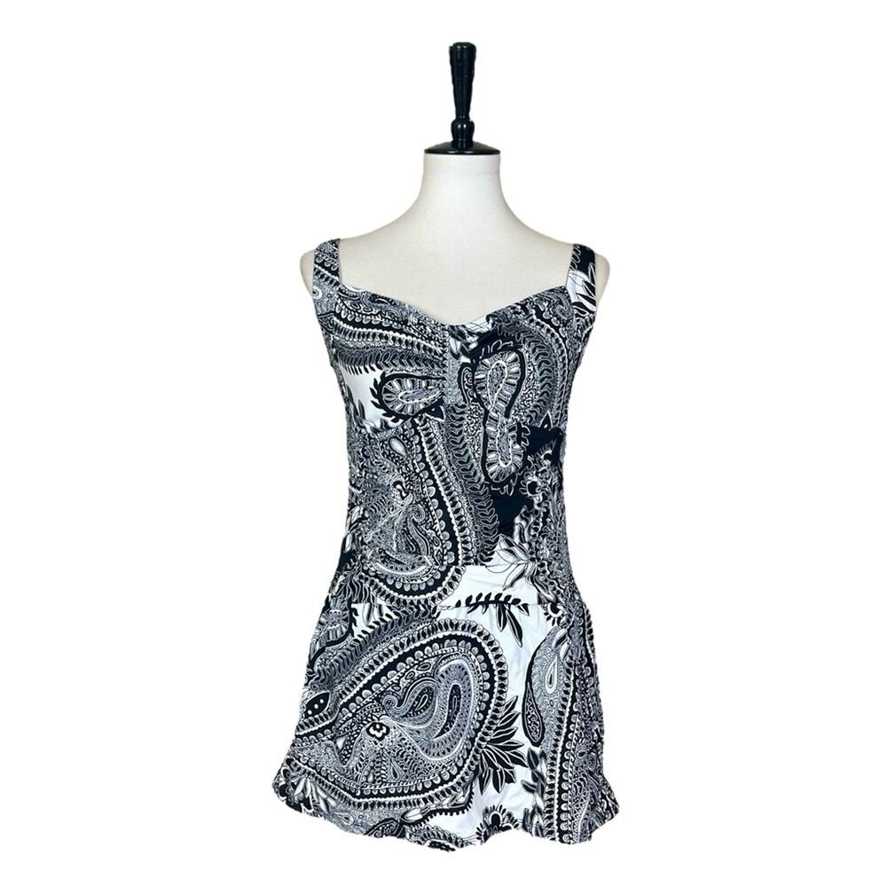 Jantzen Swim Dress Ruched Full Coverage Black White Paisley Women’s Size 14